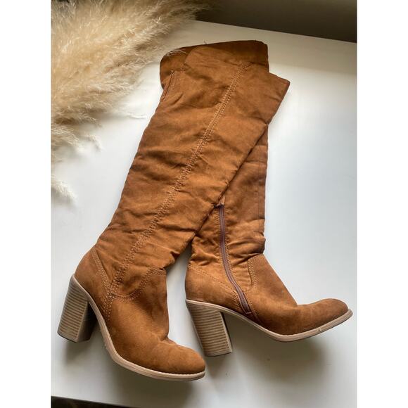 DV Tan Faux Suede Over The Knee Heeled Boots - Picture 2 of 15